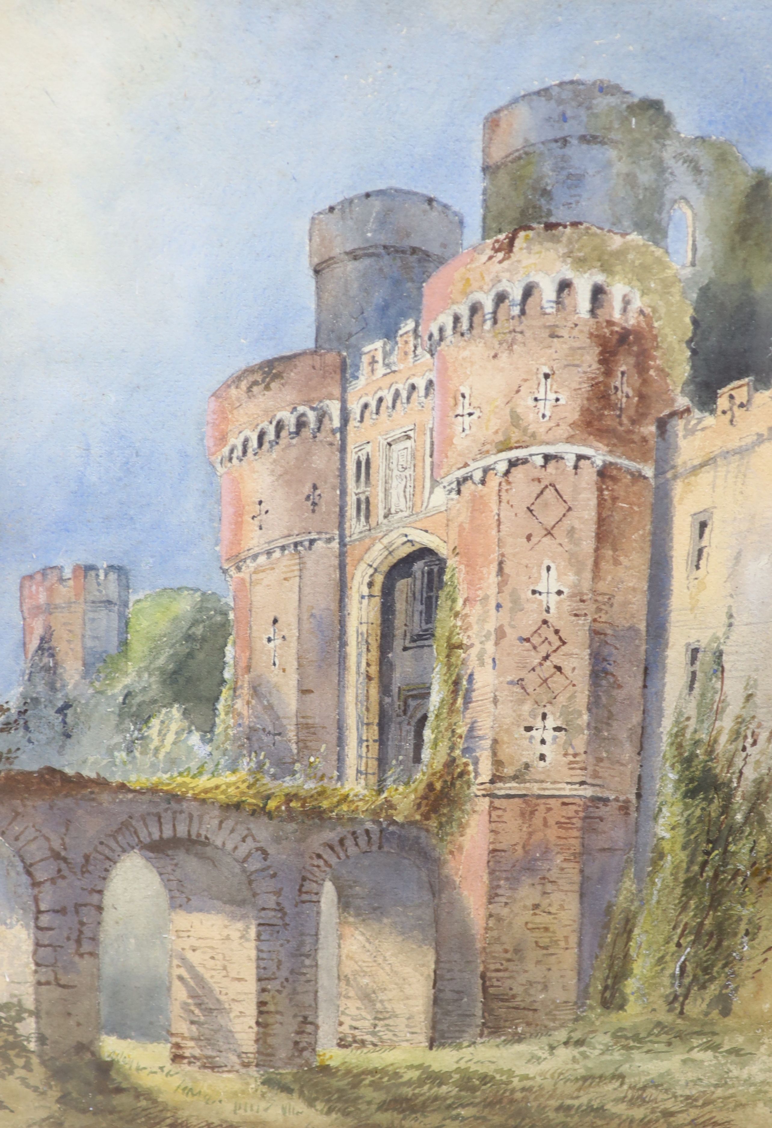 Harry Morgan, two watercolours, Castle Tower and Cathedral Door, label verso, 46 x 32cm, together with a color print of Napoleon